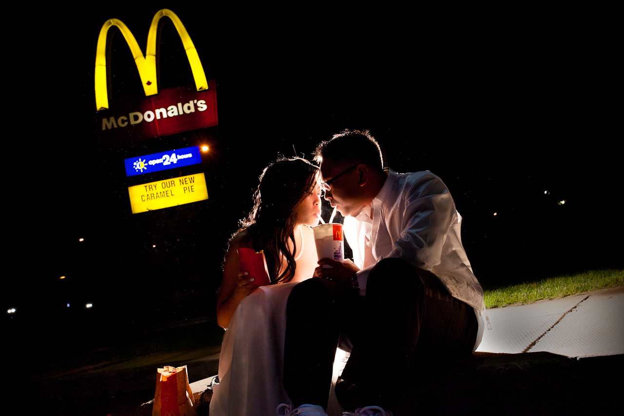 Edmonton Wedding photos - couples portrait outside McDonalds (CiCi and Steve)